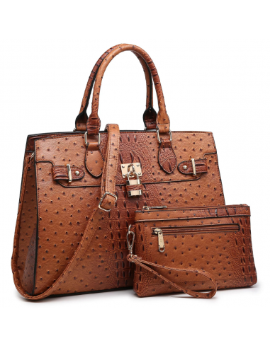 Dasein Ostrich Embossed Leather Brown Satchel with Wristlet (Women's) les muscles